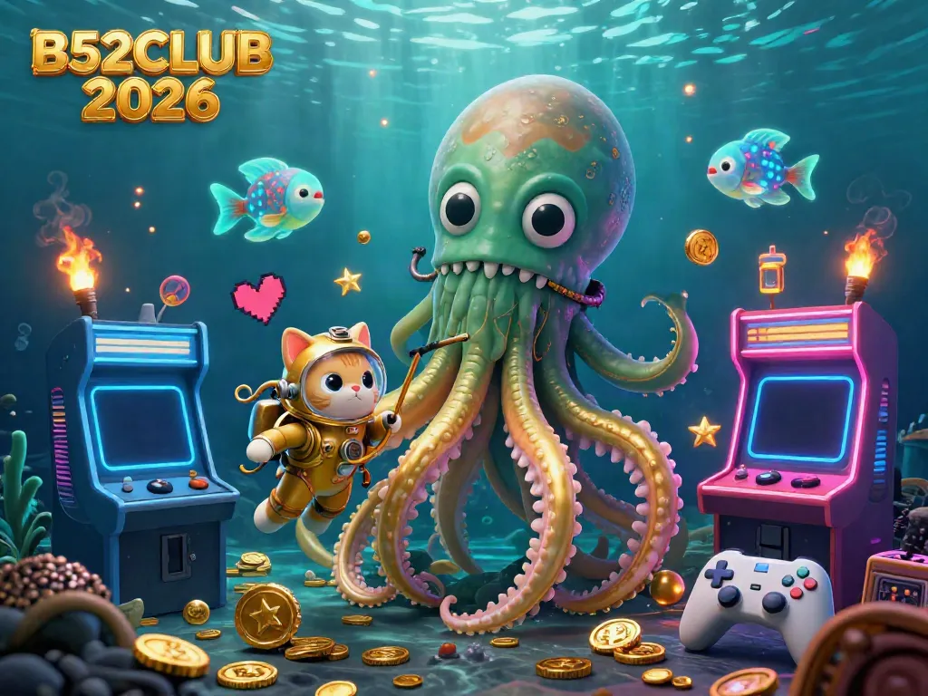 B52CLUB 2026 showcases a vibrant 3D casino scene with a kraken, diving cat, and arcade machines churning excitement.