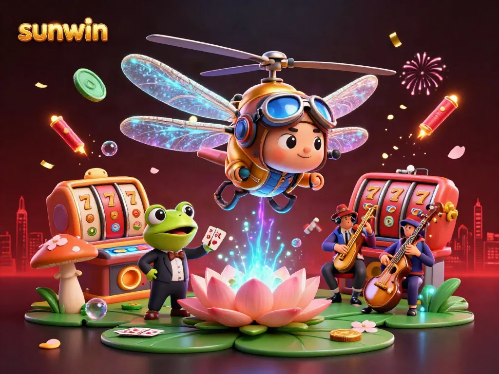 Experience the thrill of sunwin with a lively casino scene featuring dragons, a frog dealer, and joyous music.