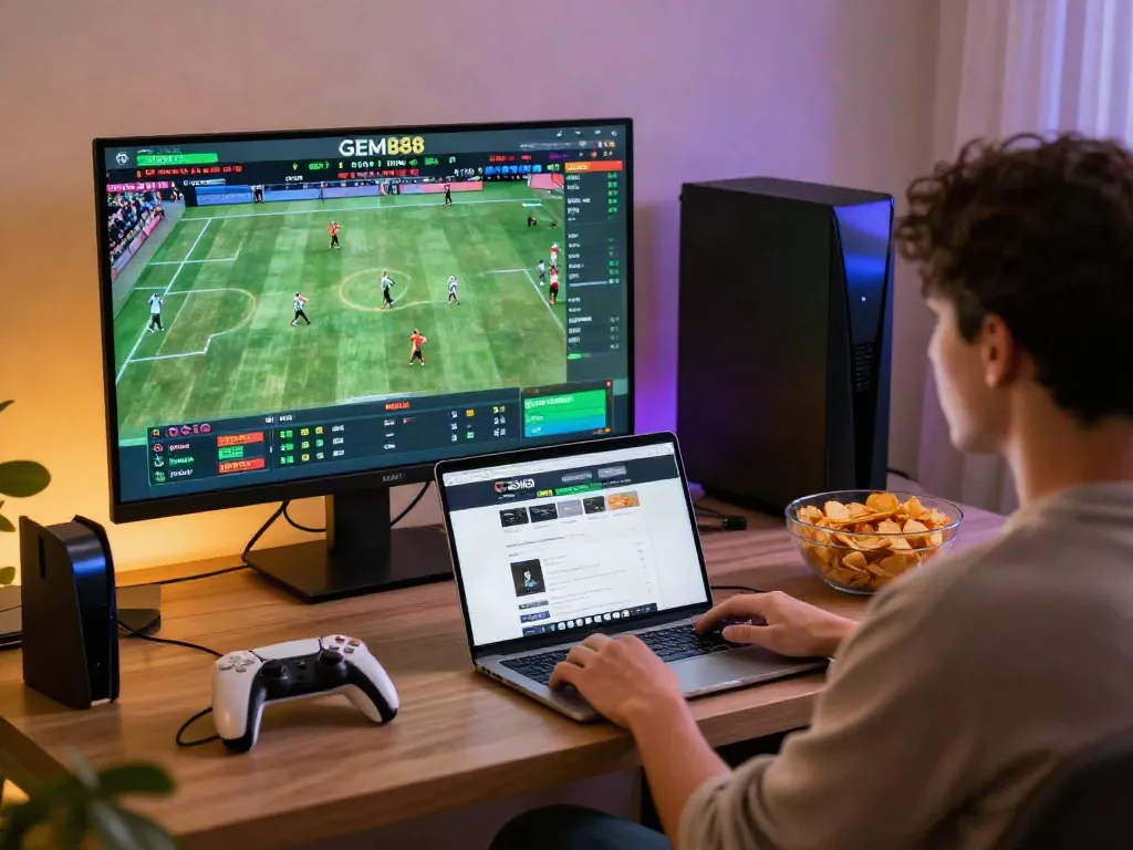 Engaged player experiencing live sports betting on GEM88 platform in a lively home setting.