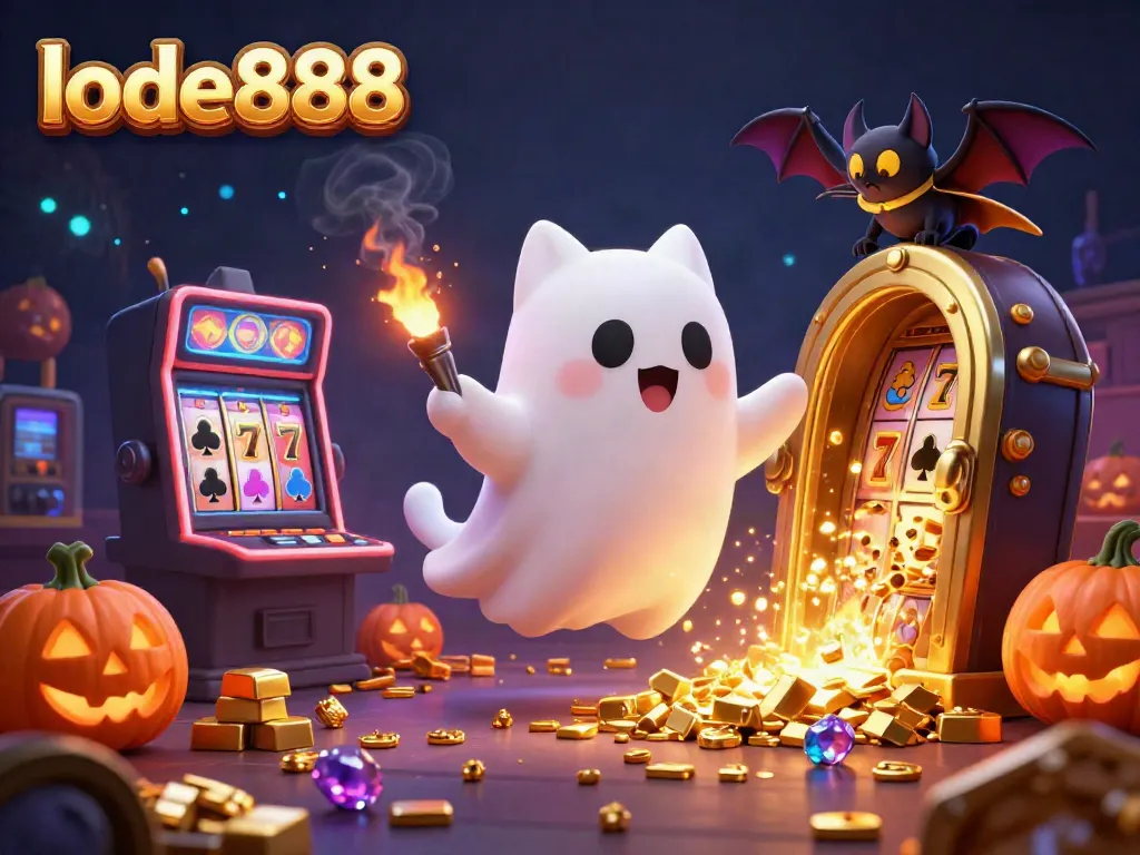 Experience thrilling slots at lode888 with a magical ghost cat and vibrant gaming atmosphere.