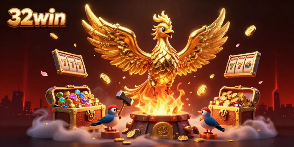 Engage with the captivating 32win scene showcasing a golden phoenix amid vibrant casino elements, bursting with excitement.