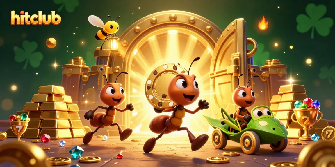 hitclub heist scene features cartoon ants carrying a giant poker chip through a treasure vault