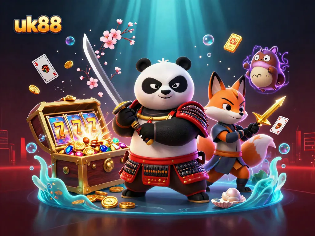 Experience the excitement of uk88 with vibrant characters and dynamic casino elements in a 3D digital illustration.
