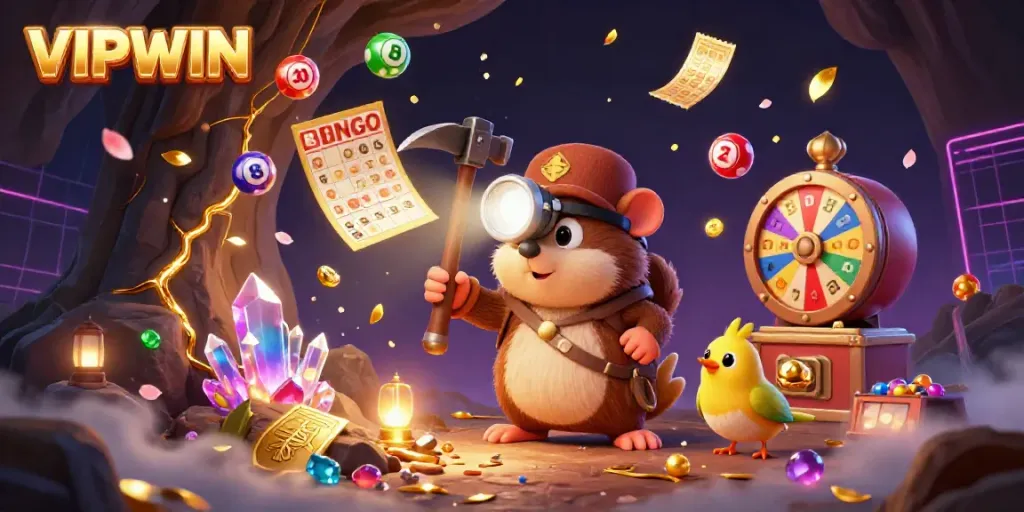 Join the excitement of VIPWIN with a treasure hunting mole and soaring lottery balls in a vibrant casino scene.