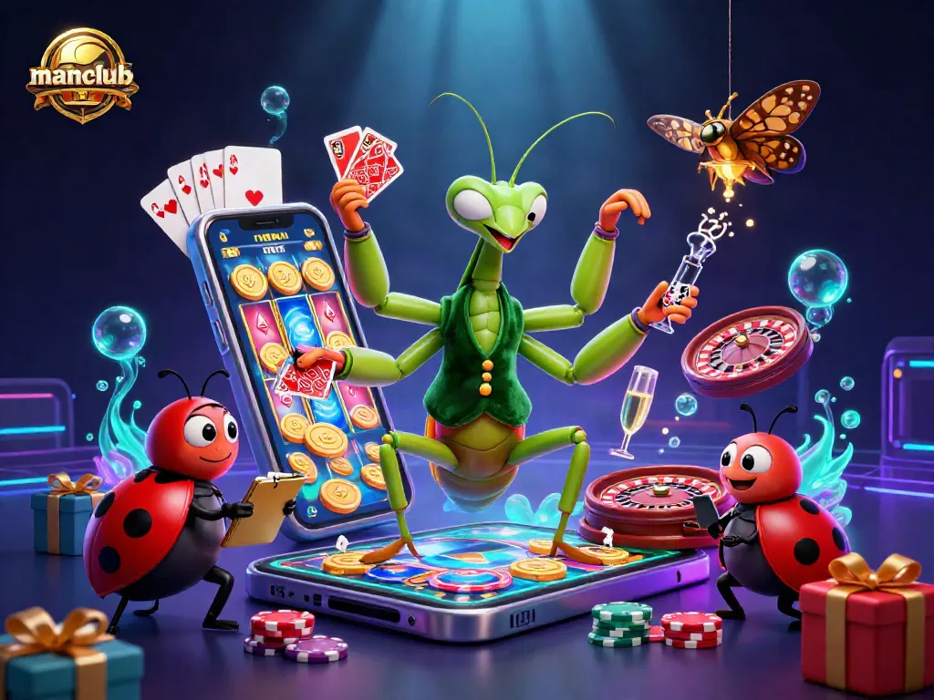 Engage in exciting gameplay at manclub with a unique giant mantis dealer in a vibrant casino scene.