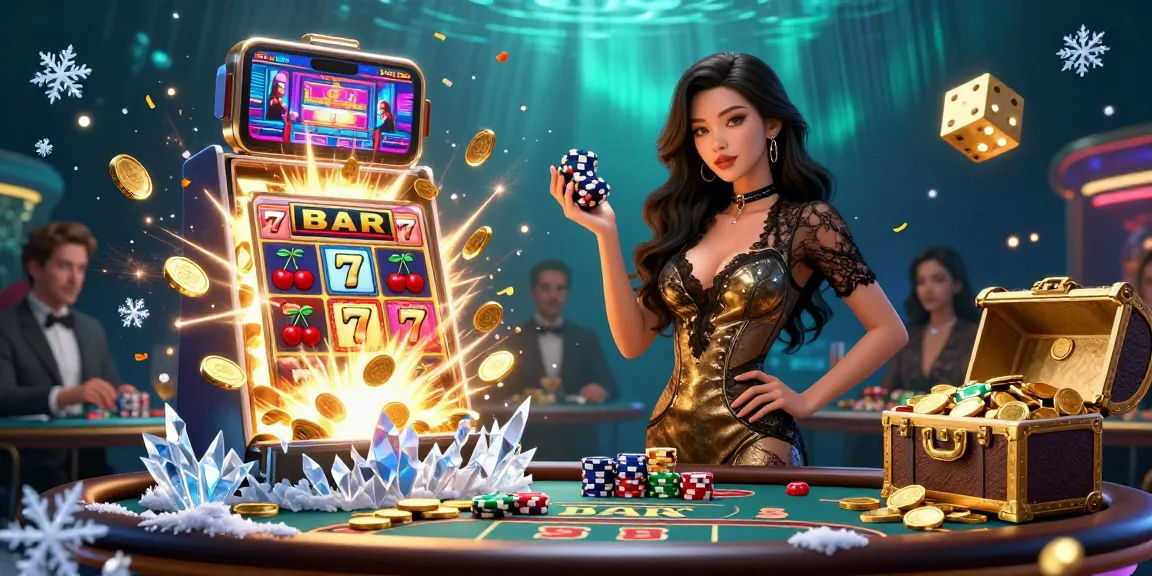 Experience HITCLUB's thrilling casino atmosphere with a glamorous setting filled with golden chips and vibrant game elements.