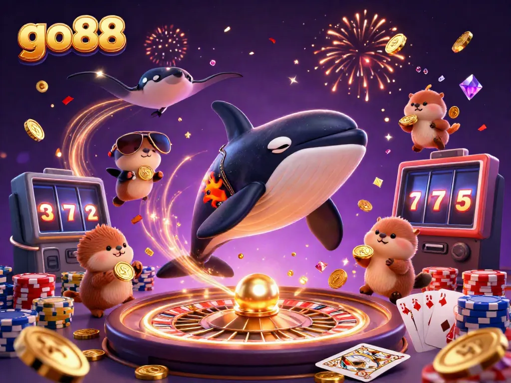 Engage in exciting gameplay with go88 featuring a playful orca, stingray, and otters exploring a vibrant casino world.