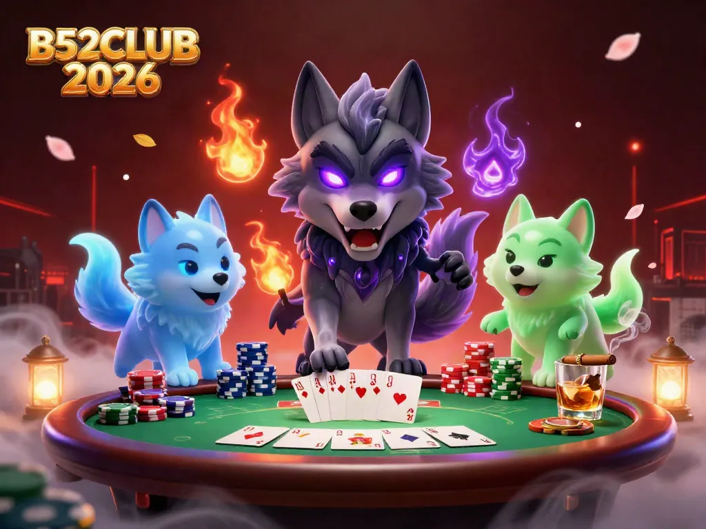 Experience vibrant gaming action at B52CLUB 2026 with mystical wolf characters and a poker showdown.