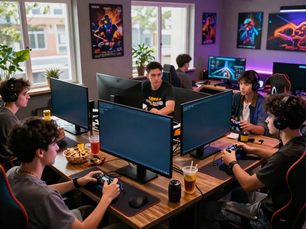 Friends enjoying ROKOK88 games in a vibrant gaming lounge with snacks.