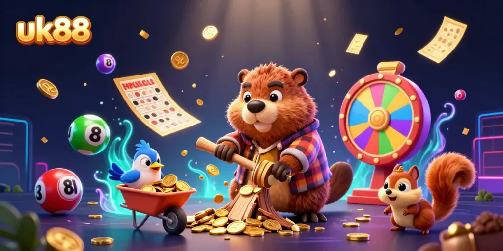 Experience the joy of winning with uk88 in this immersive casino illustration featuring a beaver, bird, and squirrel collecting coins.