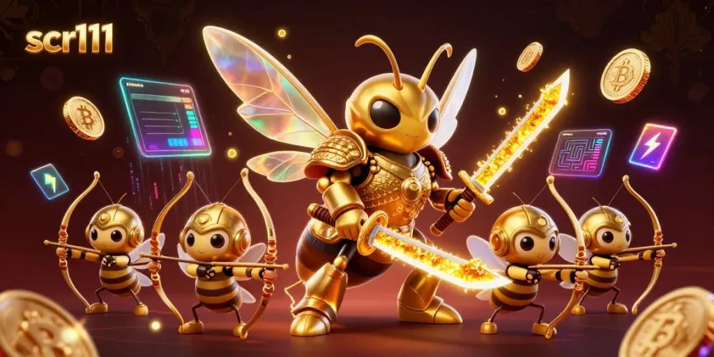 Experience the thrill of scr111 with a samurai hornet and crypto-themed elements.
