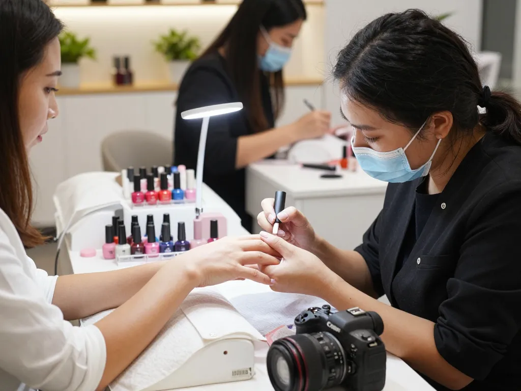 Nails being expertly manicured with colorful gel polish in a bright, elegant salon atmosphere
