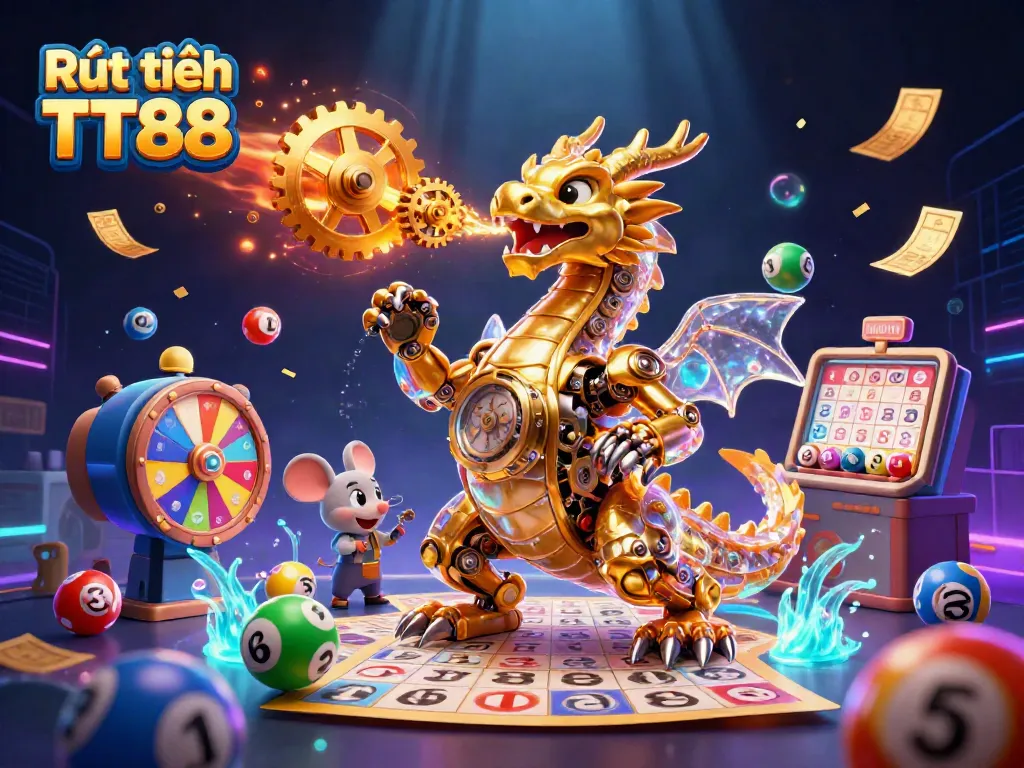 Engage in Rút tiền TT88 with a vibrant 3D illustration depicting a golden dragon with intricate mechanics and lottery elements.