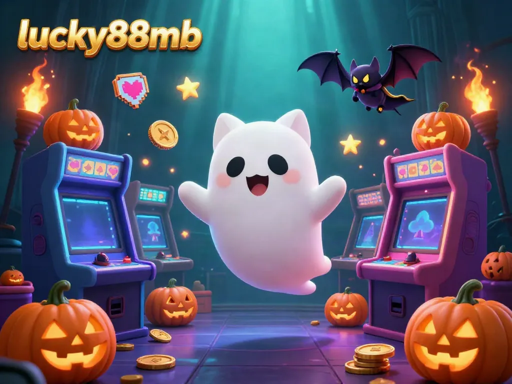 Engage with thrilling gaming scenes at lucky88mb featuring a friendly ghost cat and a vampire bat in a vibrant casino setting.