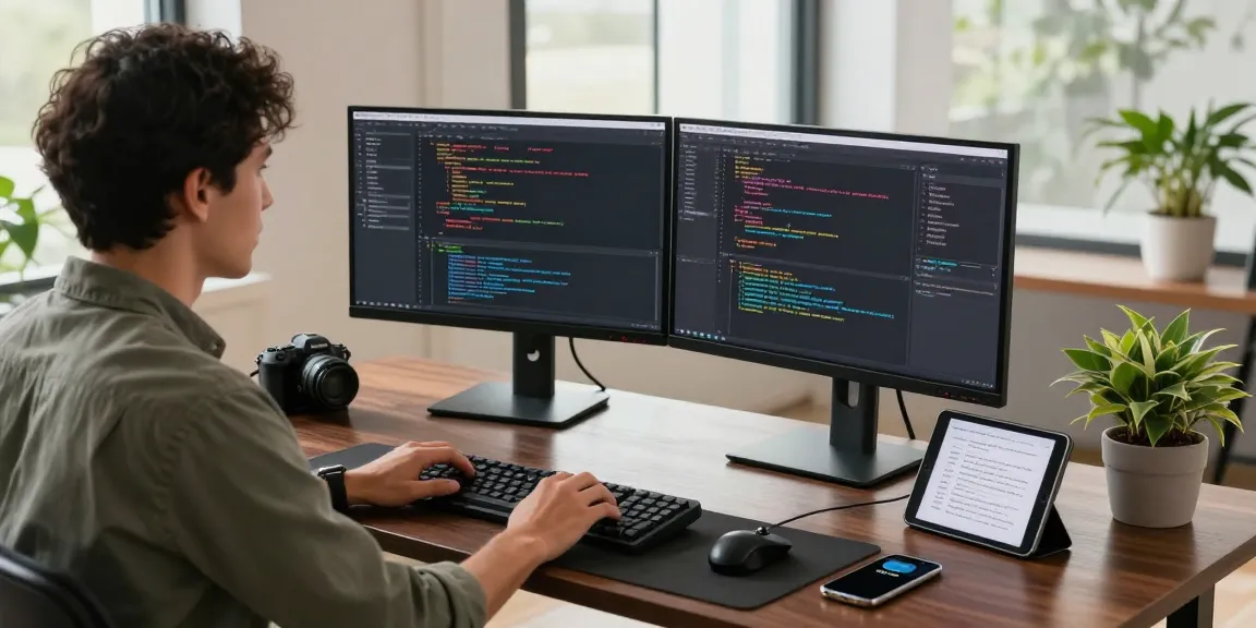 Developer coding at https://hm88.cafe/ with dual monitors and tech gadgets in a modern workspace.