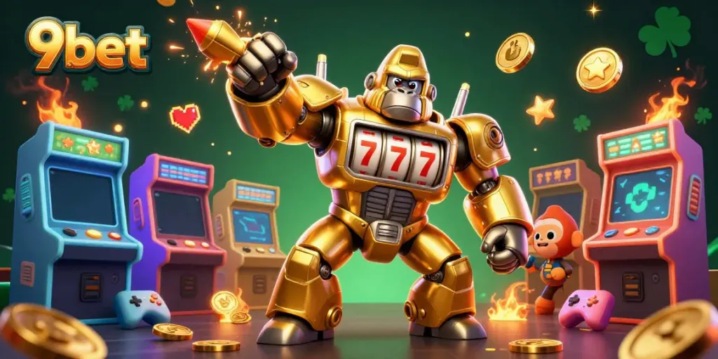 Experience thrilling gameplay at 9bet with a dynamic scene of a golden gorilla mech and arcade elements.