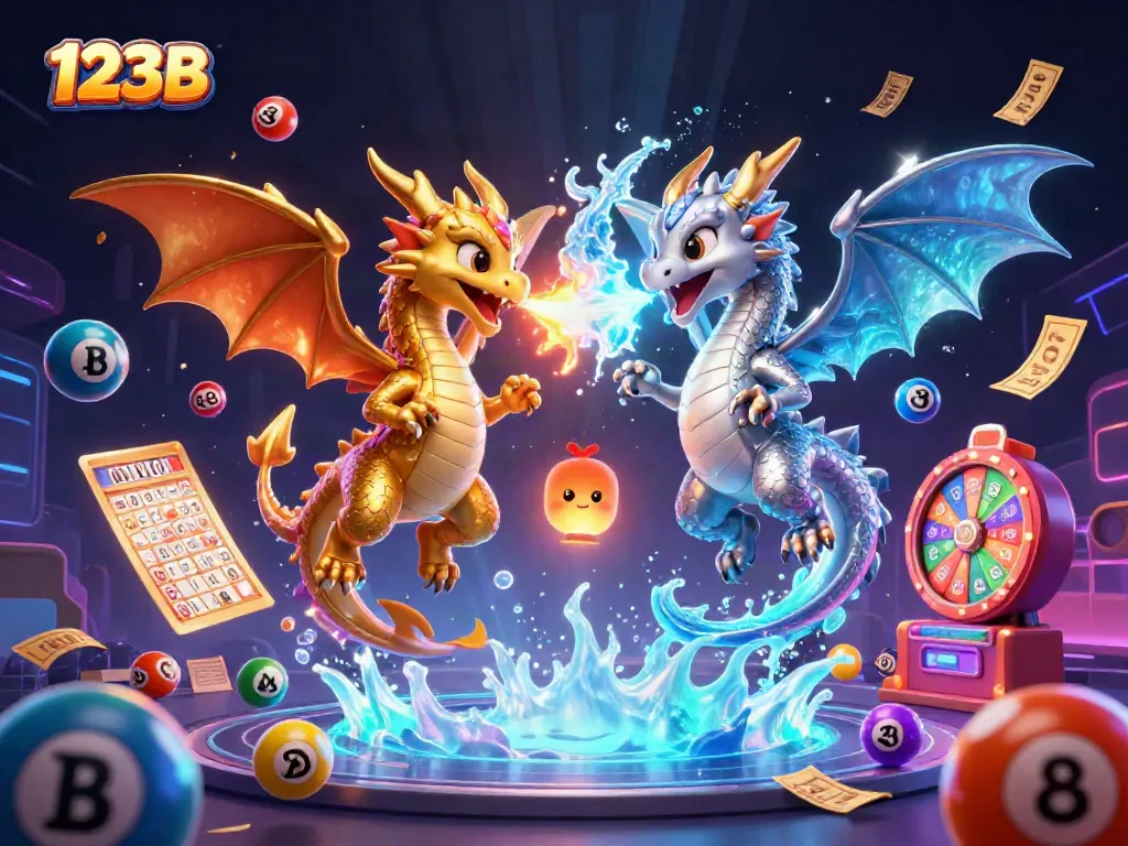 Engage with 123B's vibrant lottery scene featuring dragons embodying fire and ice amid colorful game elements.