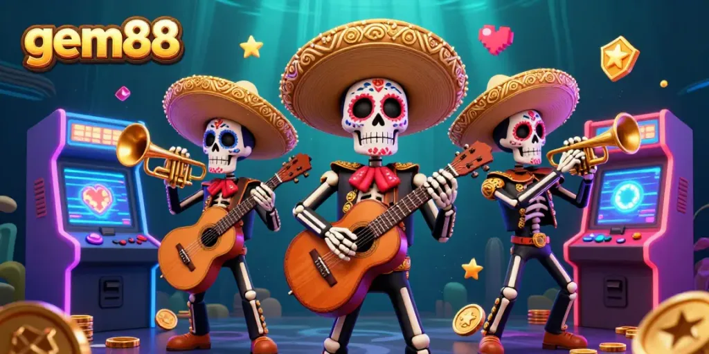 Engage with gem88 in a vibrant 3D casino scene featuring a lively mariachi band among arcade and gaming elements.
