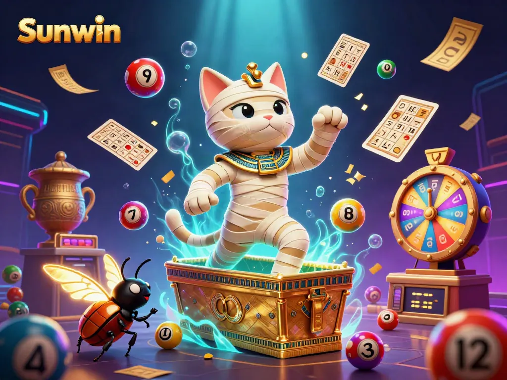 Exciting scene featuring Sunwin's Egyptian mummy cat and scarab beetle amidst vibrant casino elements.