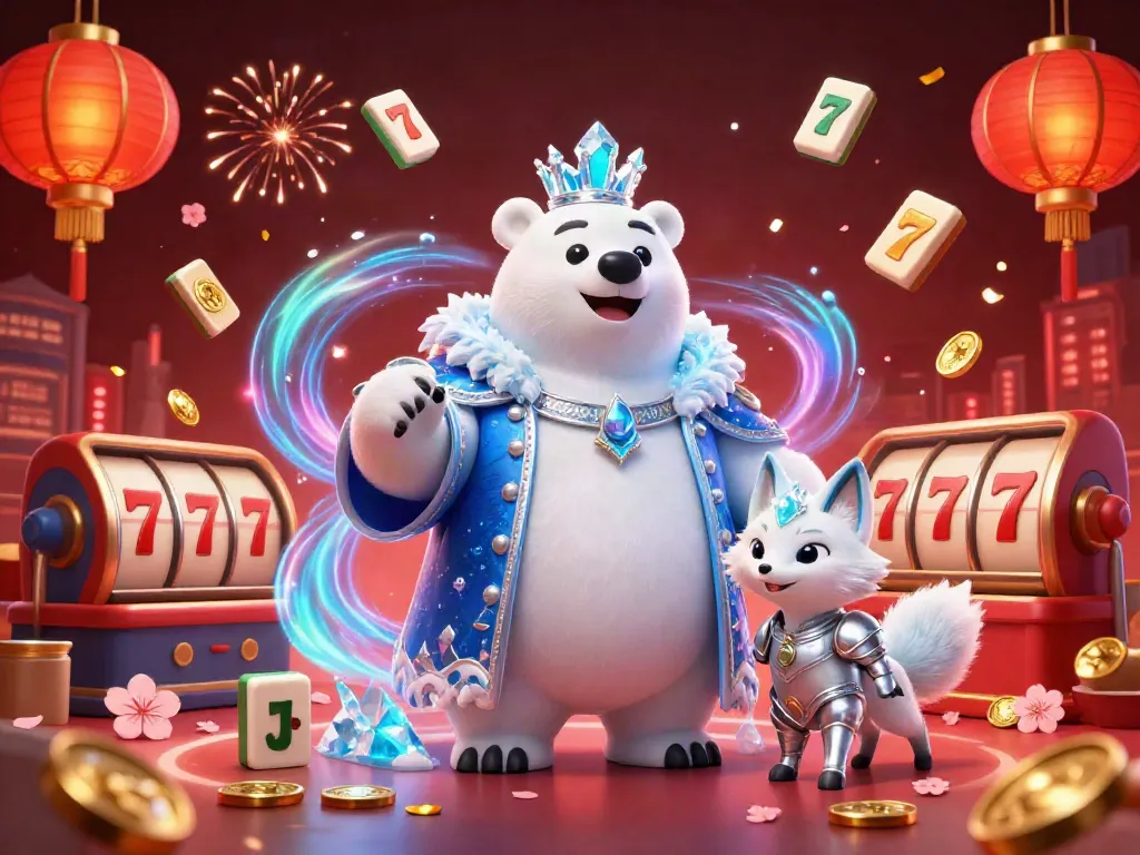 Engage with nhà cái tặng tiền in a lively casino scene featuring a polar bear king and a fox, surrounded by vibrant game elements.