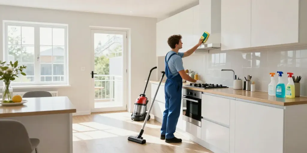 End of lease cleaning Melbourne with professional cleaner scrubbing kitchen surfaces in bright apartment.