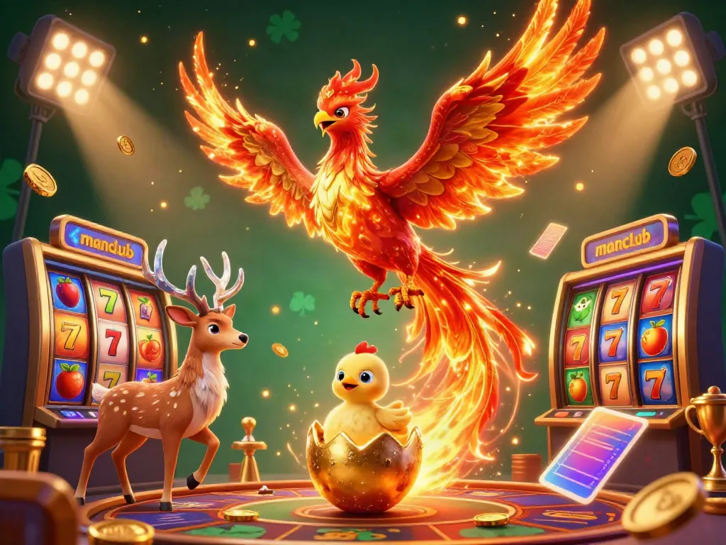 Experience the excitement at manclub with vibrant slot reels and a legendary phoenix in a dynamic casino scene.