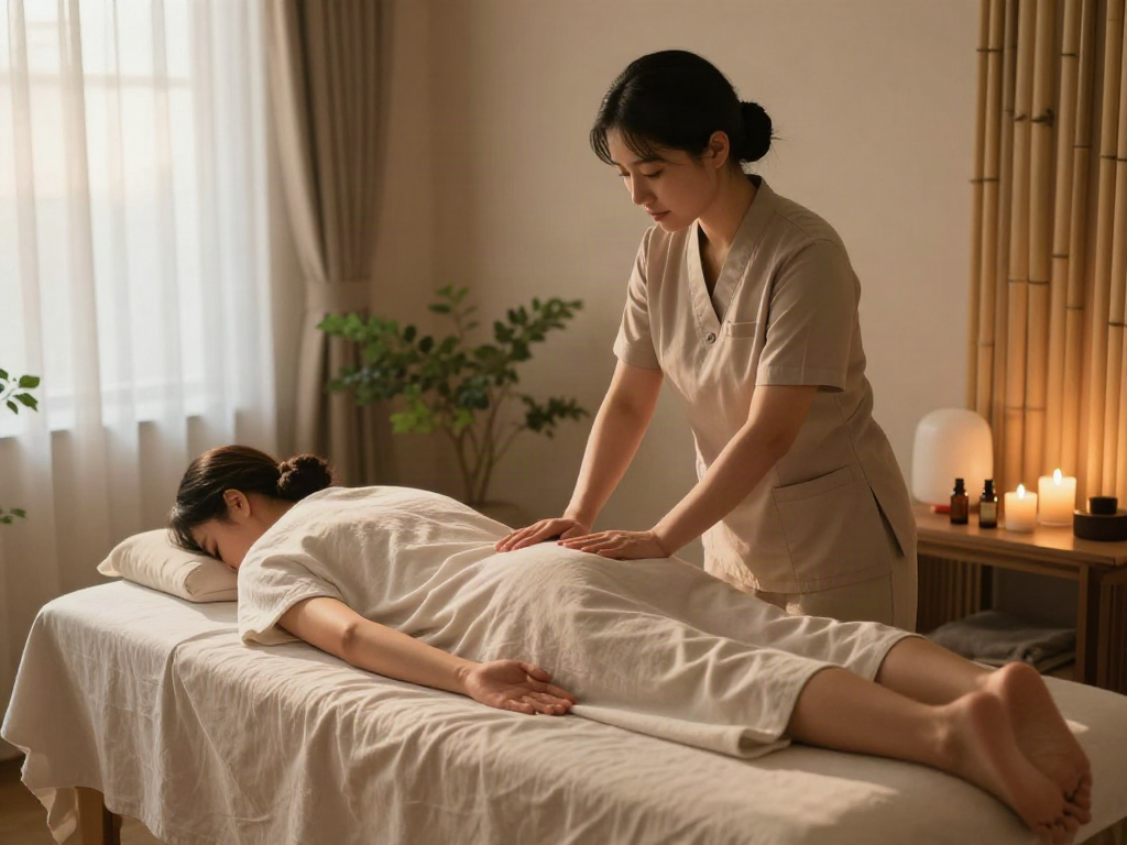 Tranquil 강남출장 massage scene in a serene wellness space with candles and soft lighting.