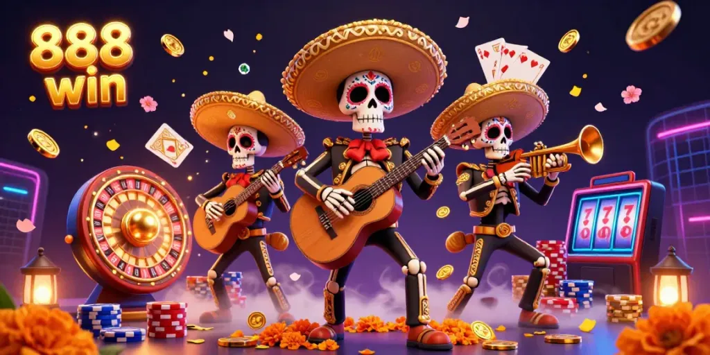 Experience thrilling action at 888 win with a vibrant mariachi band surrounded by casino elements and rewards.