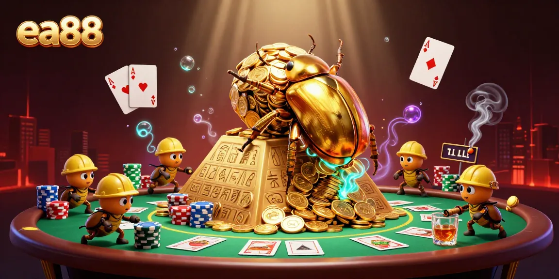 ea88 showcases a golden beetle rolling coins, surrounded by vibrant poker elements in an exciting casino scene.