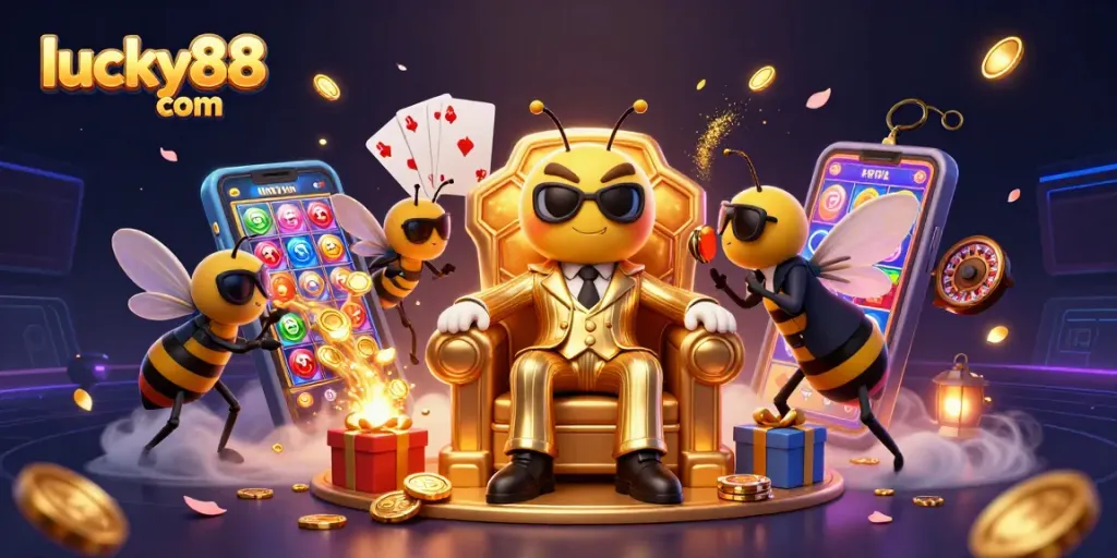 Engage in the excitement with lucky88 com as 3D cartoon characters enjoy vibrant gaming elements and a rich casino atmosphere.
