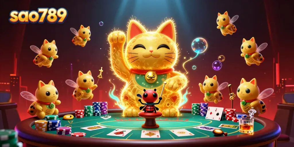 Experience winning moments at sao789 with vibrant golden fireflies and poker excitement.