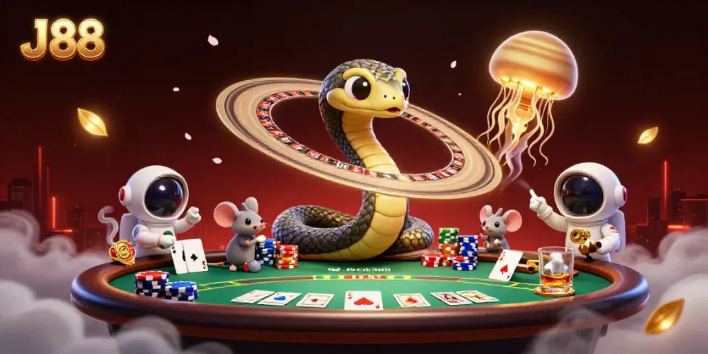 Experience thrilling gameplay at J 88 casino with animated characters betting on a roulette wheel.