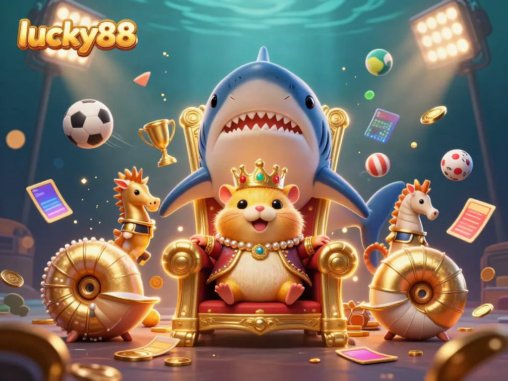 Experience the vibrant excitement of lucky88 with a golden hamster king and dynamic sports elements.