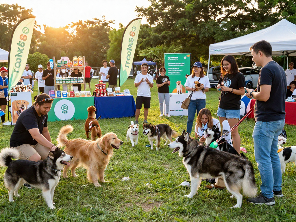 Community gathering of pet lovers sharing tips and experiences at a 'rokok88' event with various dog breeds.