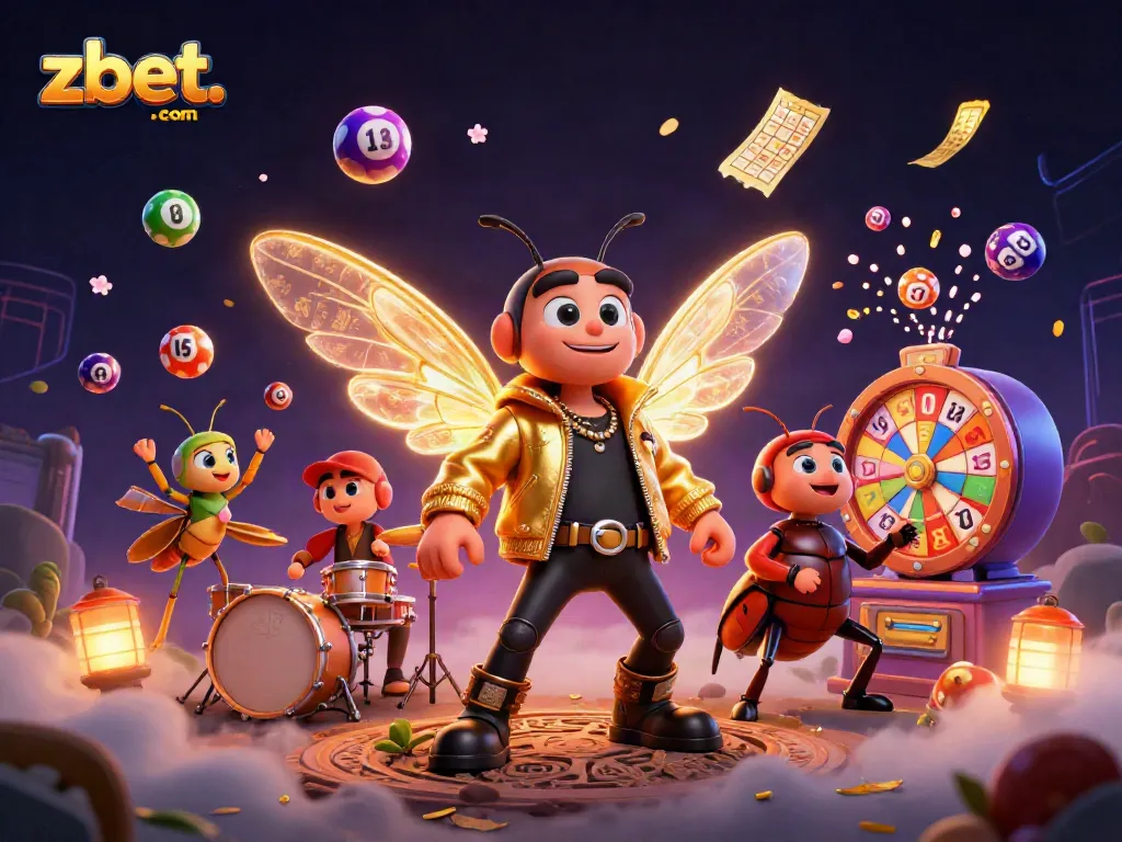 Experience thrilling games at zbet. com with a lively illustration of a cicada rock star and colorful casino elements.