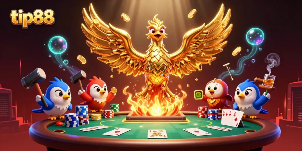 Engage with tip88's golden phoenix symbolizing fortune amidst vibrant casino elements.