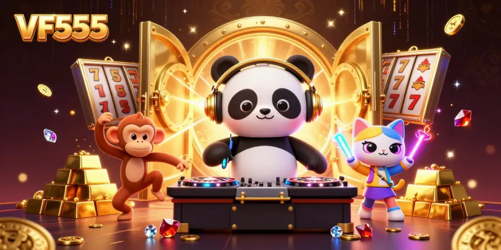 Experience the excitement of VF555 with a 3D scene featuring a DJ panda, dancing monkey, and glowing kitten among casino treasures.