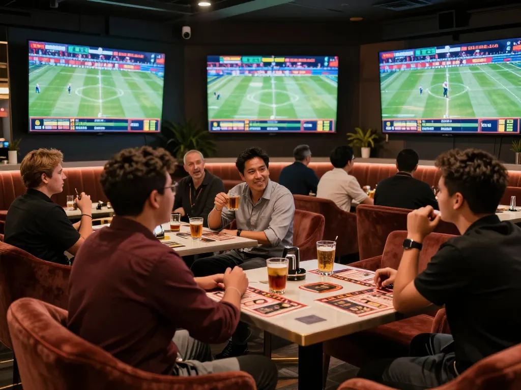 Excited bettors engaging in sports strategies at https://tip88.buzz/ with high-definition screens and drinks.