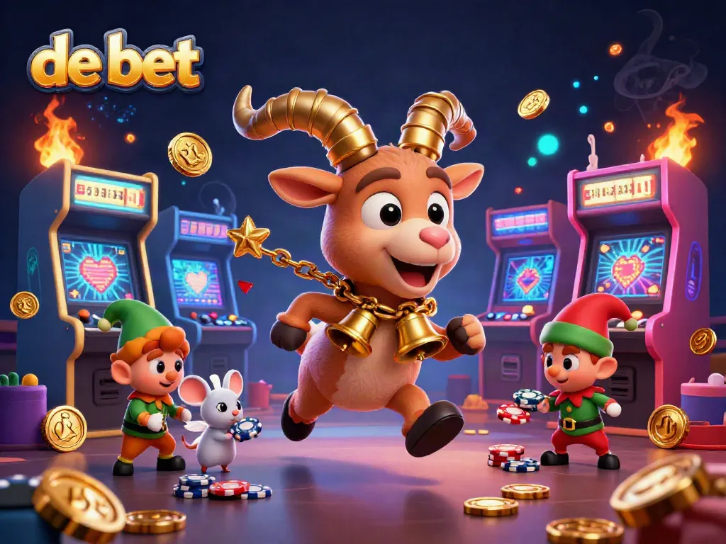 Experience fun gaming at de bet with a lively casino scene featuring a Krampus goat, angel mouse, and elf gremlins.