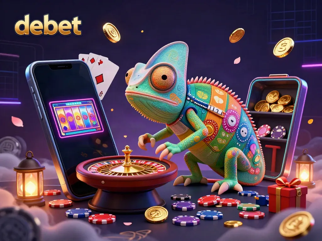 Engage with debet as a chameleon casino owner watches live betting action, surrounded by vibrant game elements.