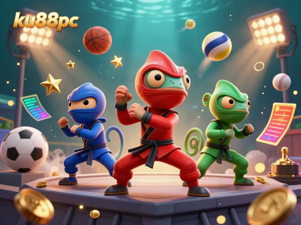 Bet on thrilling sports action with ku88pc as chameleon ninjas masterfully perform martial arts, showcasing energetic casino elements.