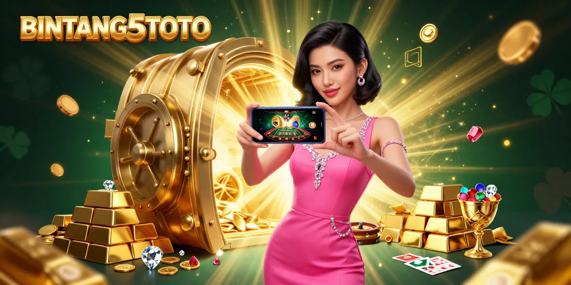 BINTANG5TOTO showcases a glamorous Asian woman engaging with a live dealer game, surrounded by gold treasures and casino elements.
