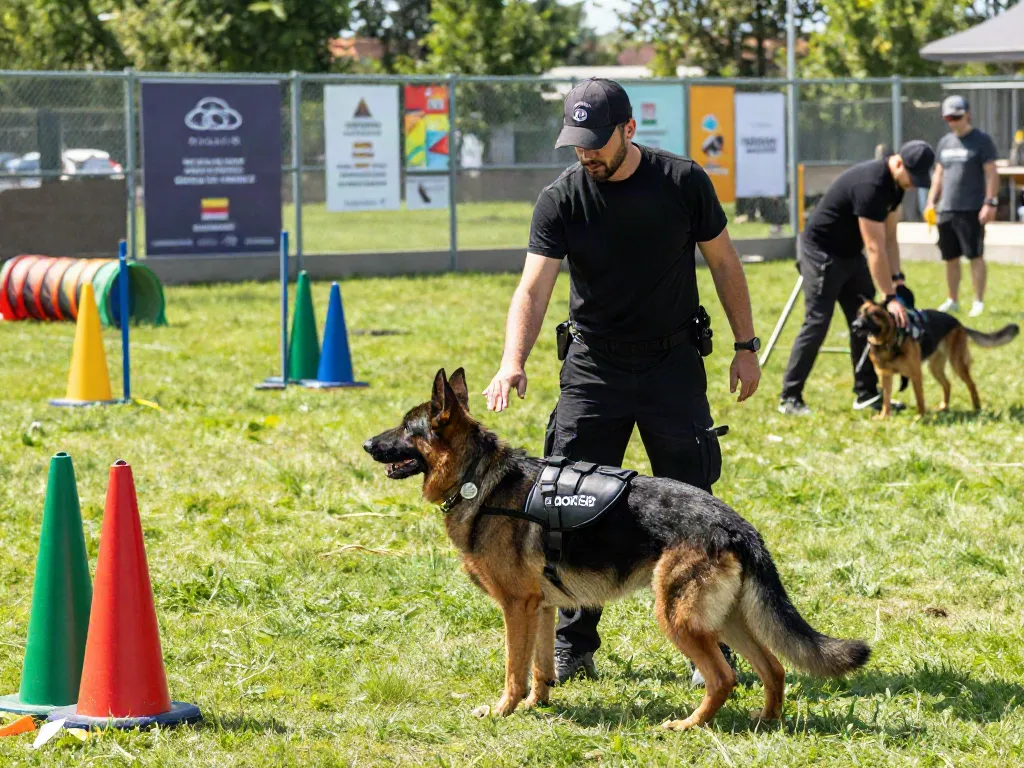 Dog training session with trainer and K9 wearing ROKOK88 gear during outdoor session.