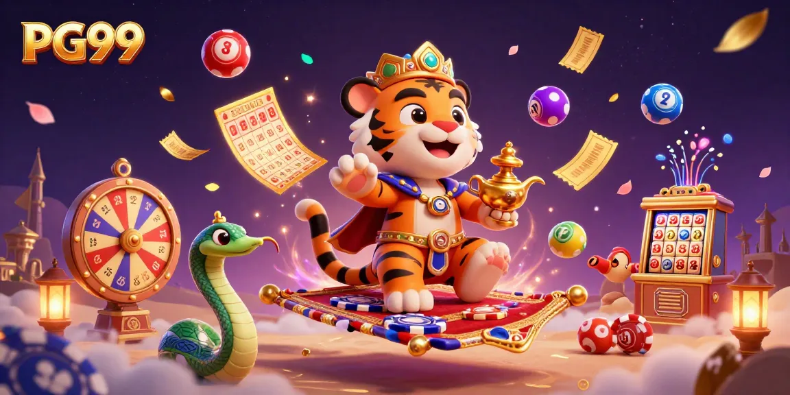 Experience the vibrant PG99 casino world with a tiger sultan and dynamic lottery elements.
