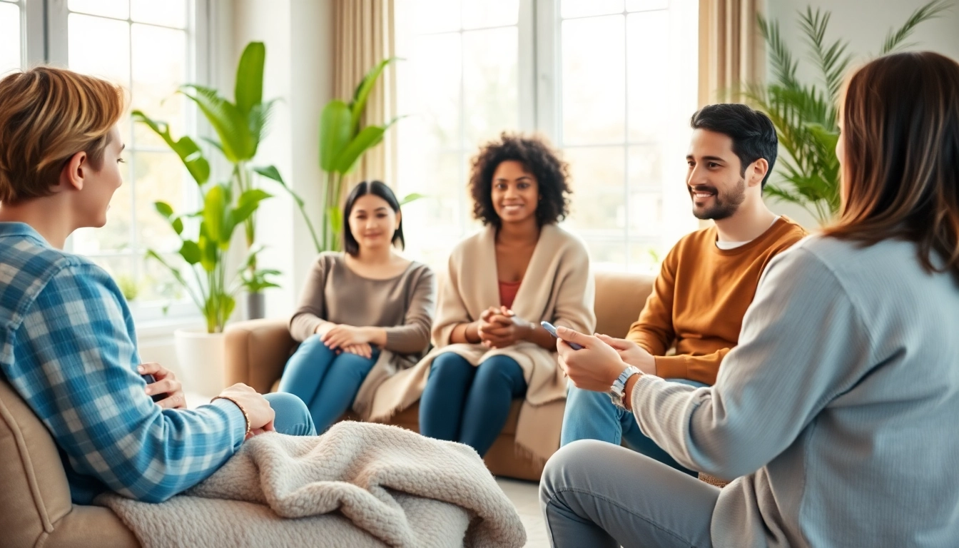 Engaging scene depicting discussions about stress and anxiety in a calming therapy environment.