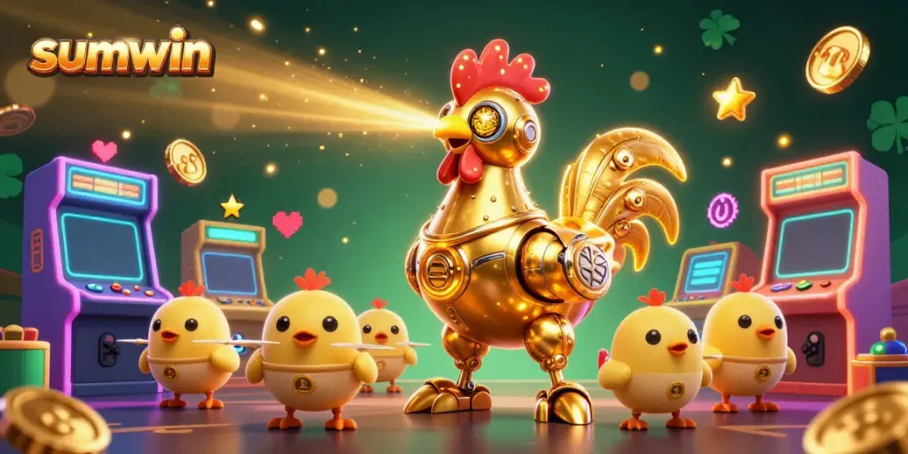 Experience thrilling gaming action with sumwin, featuring a golden rooster robot and colorful arcade elements.