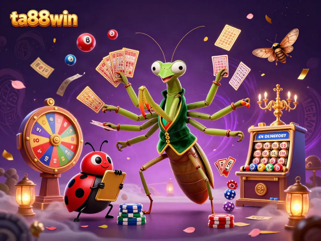 Experience excitement at ta88win with a giant mantis and ladybug at a vibrant online casino scene.