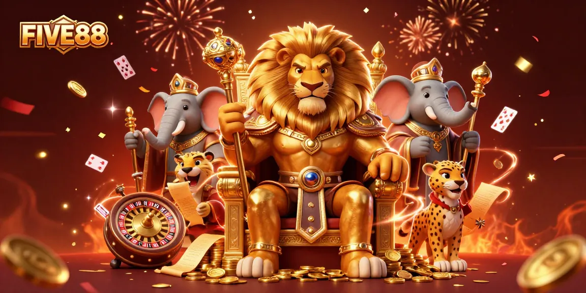 Experience the thrill of FIVE88 with a majestic lion king and casino elements like roulette wheels.
