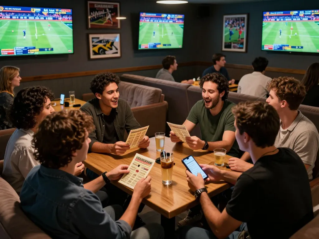 Engaging scene of friends enjoying tin soi kèo while placing sports bets in a lively lounge