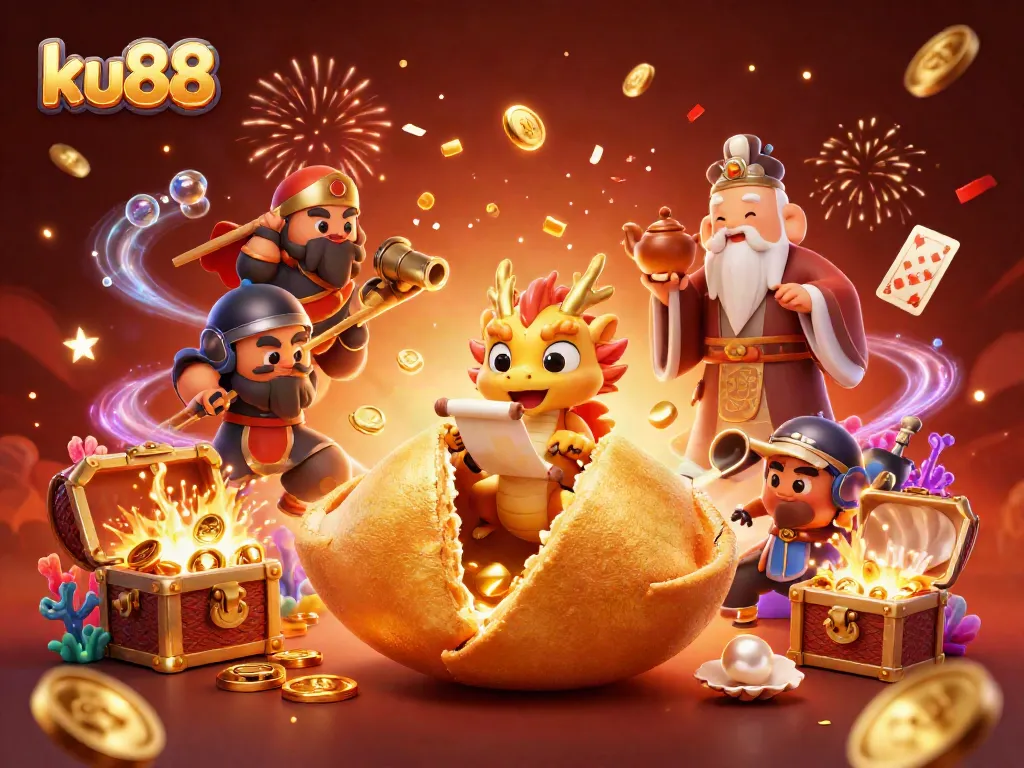 Experience thrilling adventures with ku88's dynamic casino illustration showcasing a fortune cookie, dragon, and gold treasures.